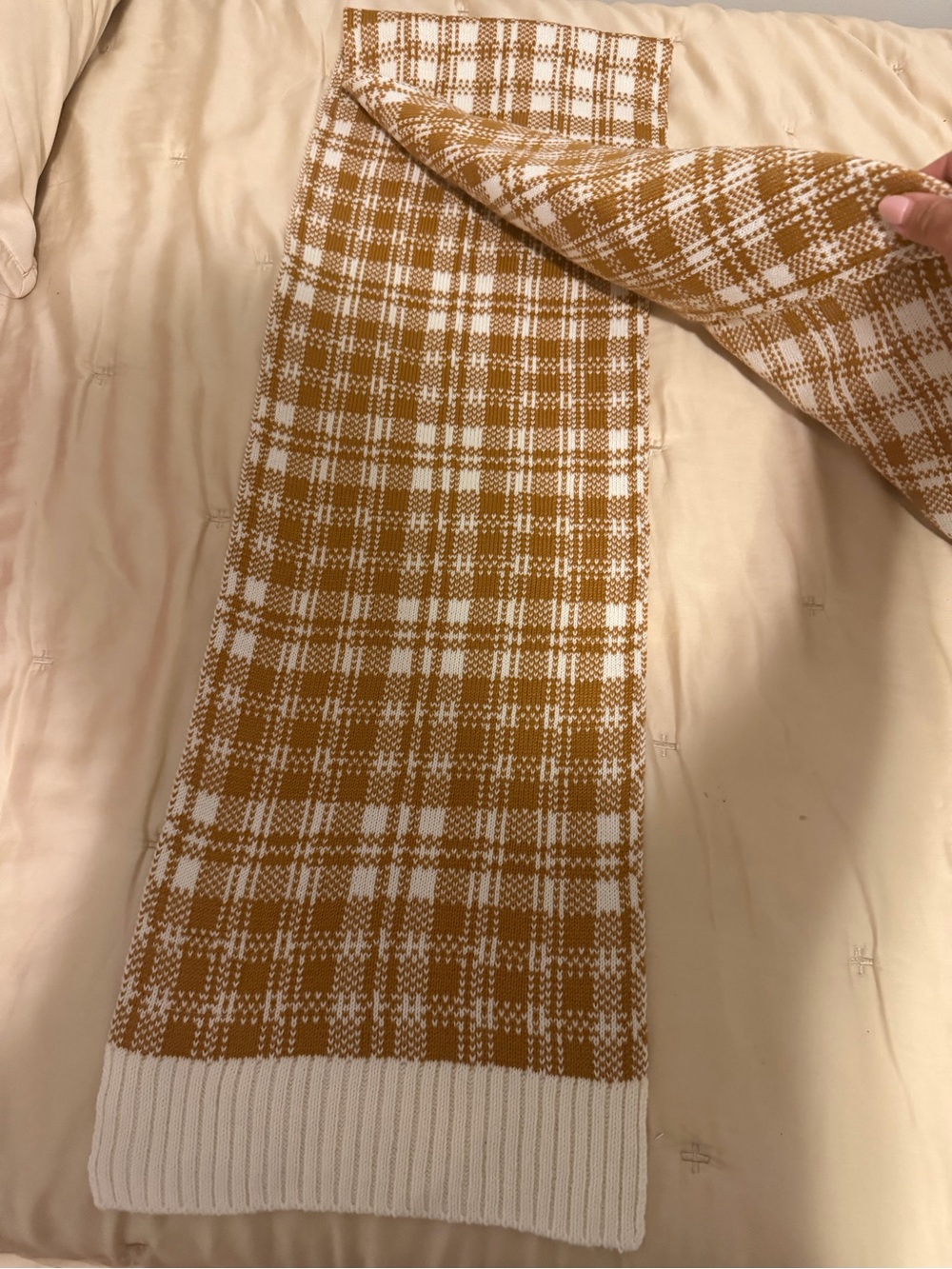 Timberland Plaid Knit Scarf Tan White Neutral OS NWOT - Picture 11 of 11